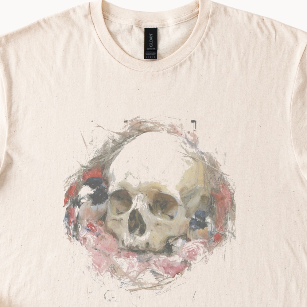 Skull and Roses Graphic Tee Artistic Mixed Media Design